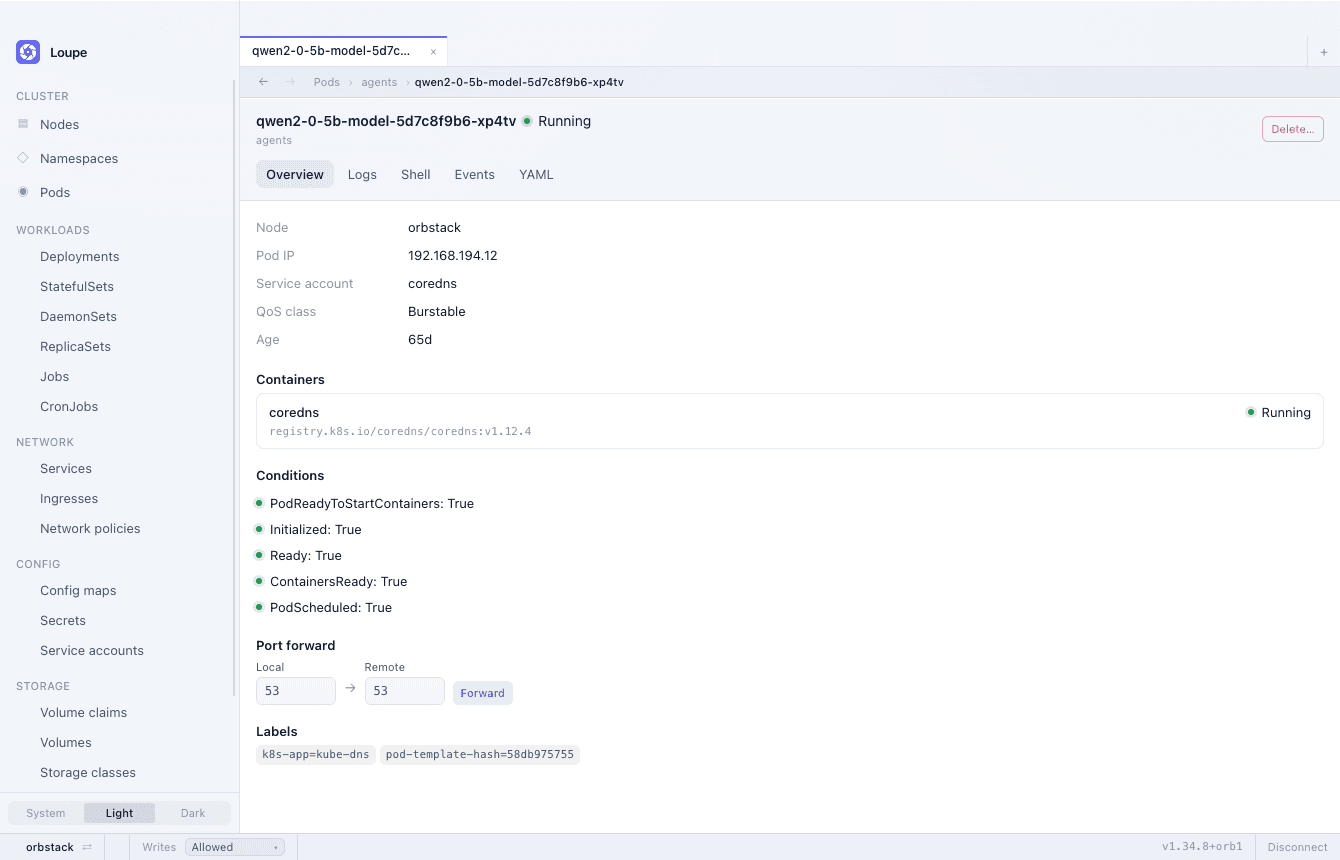 Pod detail: containers, conditions, a port forward and labels