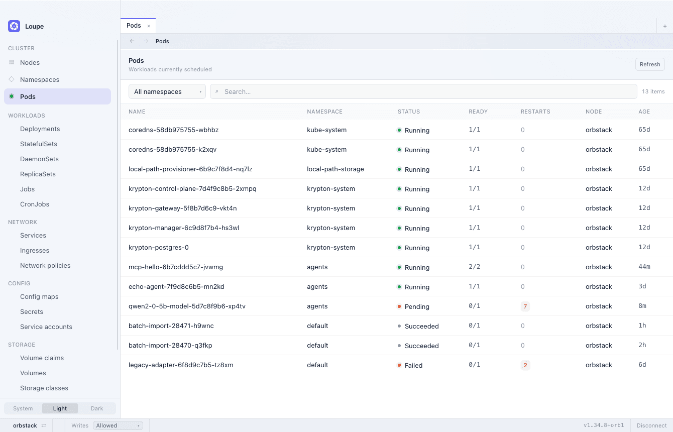 The pod listing, with status, ready counts, restarts and age